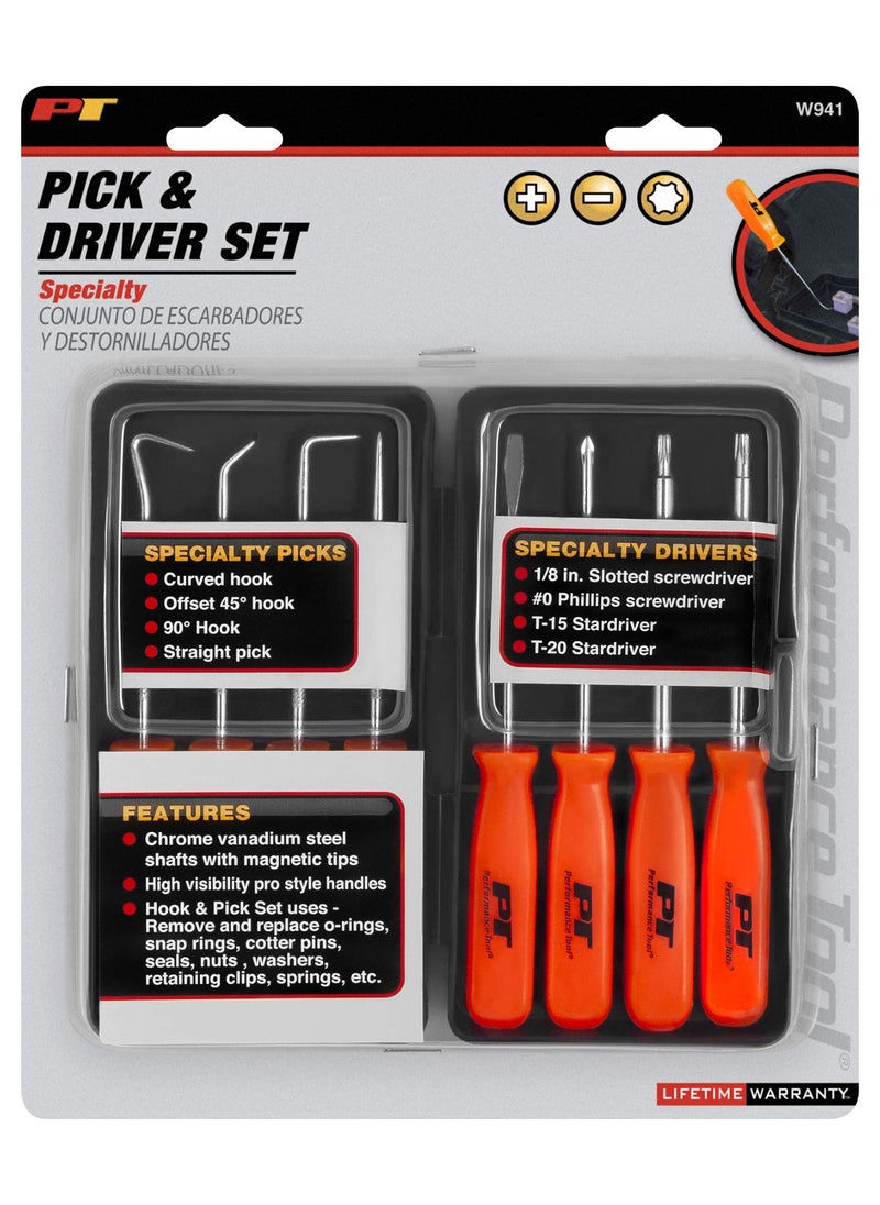 Performance Tool Performance Tool W941 8-Piece Specialty Pick/Driver Set, Precision Pick & Hook Set with Scraper  - Image 2