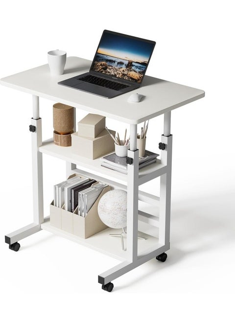 Adjustable Home Office Desk Portable Study Computer Rolling Desk for Small Spaces Movable Sofa Side Bed Table on Wheels Student Small Standing Laptop Desk with Storage White