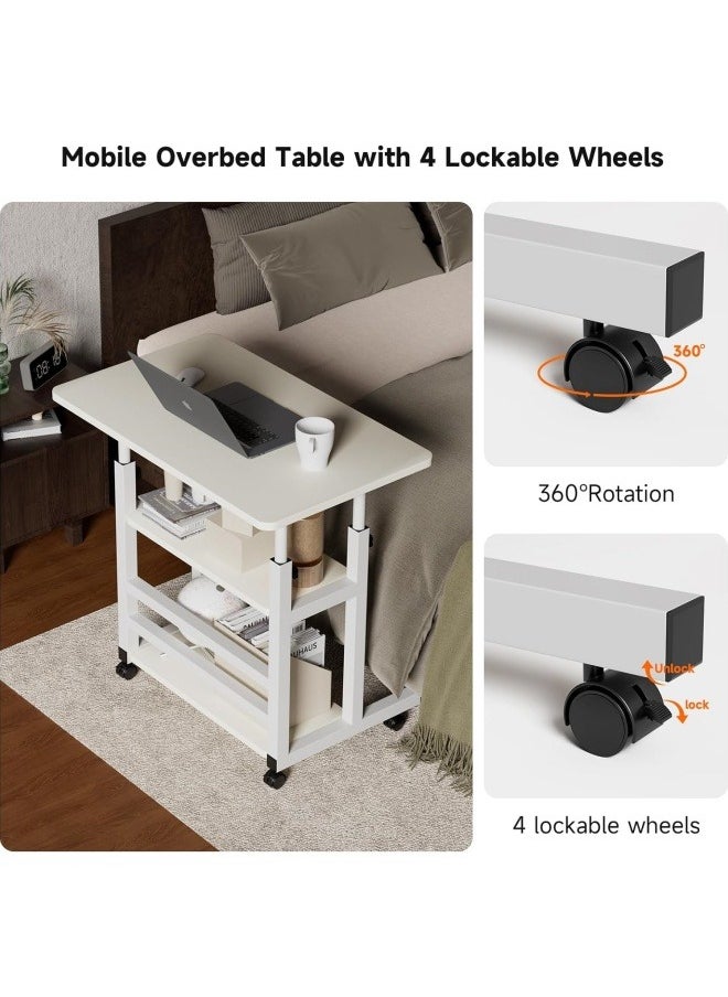 GGEROU - Adjustable Home Office Desk Portable Study Computer Rolling Desk for Small Spaces Movable Sofa Side Bed Table on Wheels Student Small Standing Laptop Desk with Storage White - Image 1