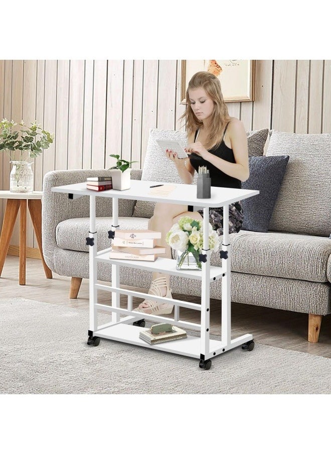 GGEROU - Adjustable Home Office Desk Portable Study Computer Rolling Desk for Small Spaces Movable Sofa Side Bed Table on Wheels Student Small Standing Laptop Desk with Storage White - Image 1