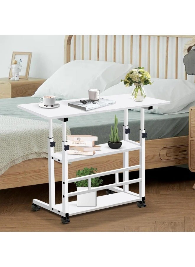 GGEROU - Adjustable Home Office Desk Portable Study Computer Rolling Desk for Small Spaces Movable Sofa Side Bed Table on Wheels Student Small Standing Laptop Desk with Storage White - Image 1