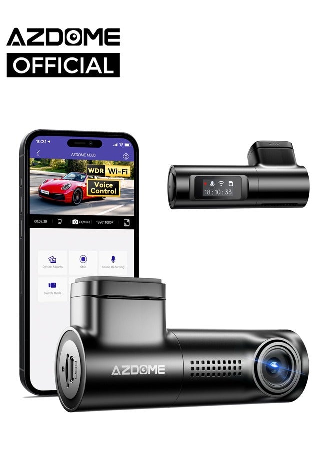 أزدوم كاميرا داش كام AZDOME M330 WiFi، كاميرا أمامية FHD 1296P للسيارات، شاشة 0.96 بوصة مع تحكم صوتي، كاميرا سيارة مزودة بتقنية WDR للرؤية الليلية، وضع وقوف السيارات على مدار 24 ساعة، مستشعر G وتسجيل دائري، تدعم بطاقة ذاكرة تصل إلى 128GB. - Image 1