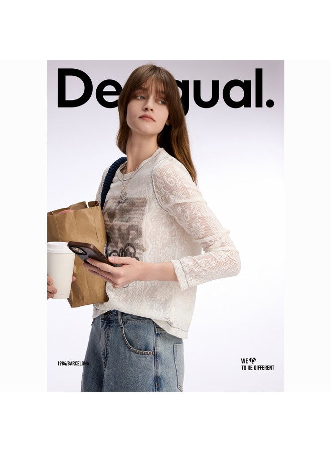 DESIGUAL women's Long Sleeve T-shirt With Lace Fabric And Hand-painted Print, Spring/summer 2025 Collection - Image 2