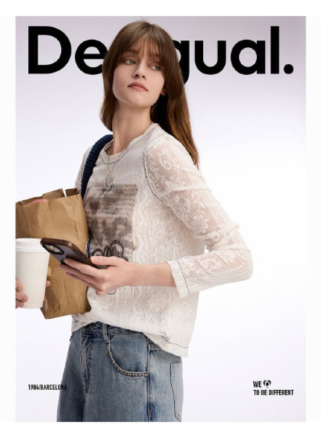 DESIGUAL women's Long Sleeve T-shirt With Lace Fabric And Hand-painted Print, Spring/summer 2025 Collection - Image 1