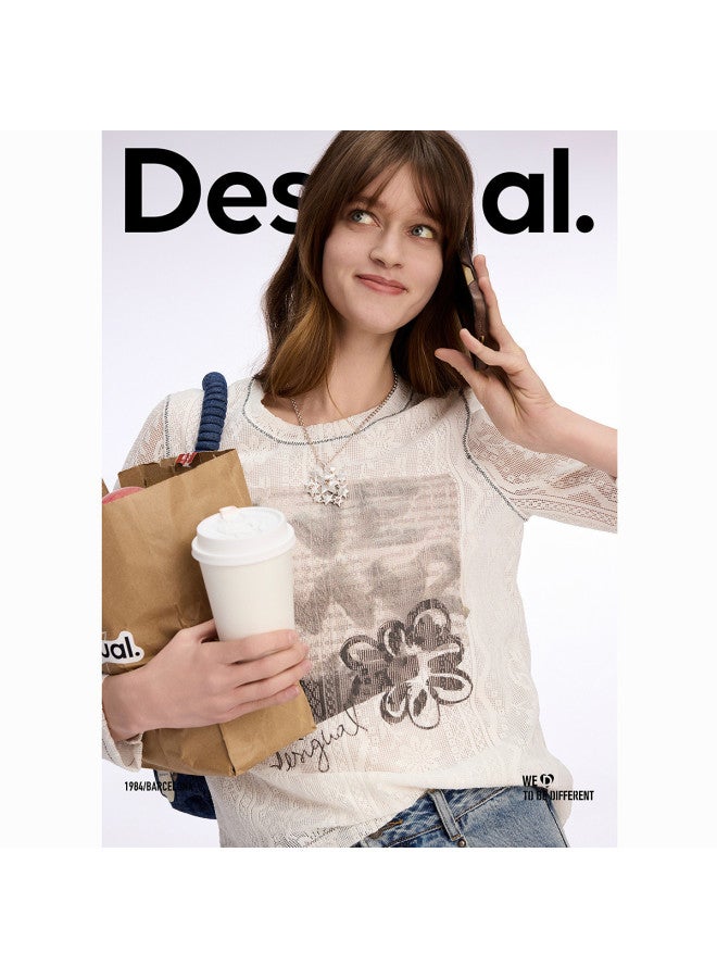 DESIGUAL women's Long Sleeve T-shirt With Lace Fabric And Hand-painted Print, Spring/summer 2025 Collection - Image 4
