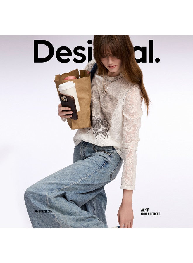 DESIGUAL women's Long Sleeve T-shirt With Lace Fabric And Hand-painted Print, Spring/summer 2025 Collection - Image 5