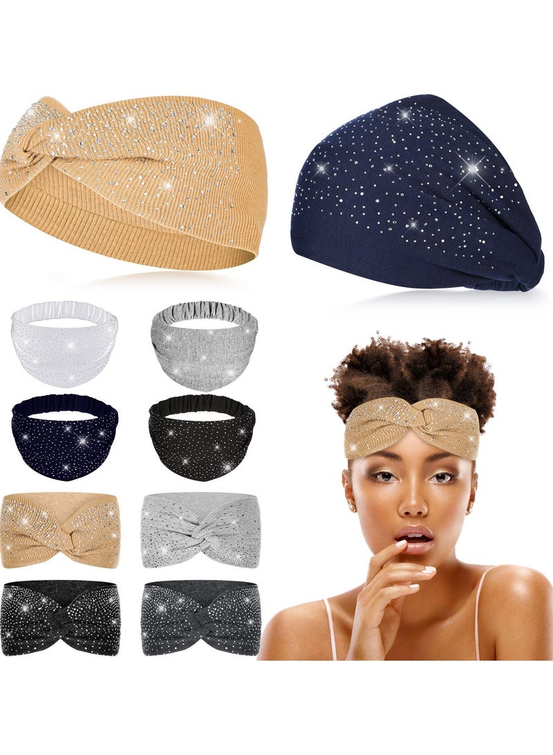 Loquat 8 Pcs African Head Wraps for Black Women Rhinestone Twisted Headbands Crystal Wide Headbands Bling Twist Head Bands Glitter Elastic Head Turban for Girls Sport Yoga Valentines Day Gifts, 2 Styles - Image 1