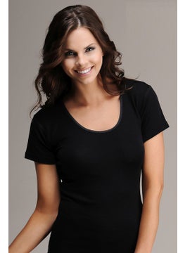 Underwear 4008 Black Women's Rib-Wrapped Short Sleeve Wool Underwear Thermal Top