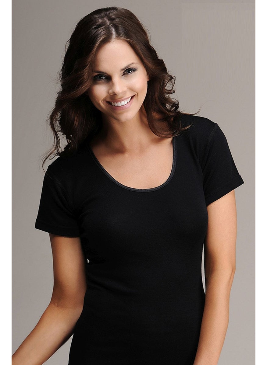 Hasyün - Underwear 4008 Black Women's Rib-Wrapped Short Sleeve Wool Underwear Thermal Top - Image 1