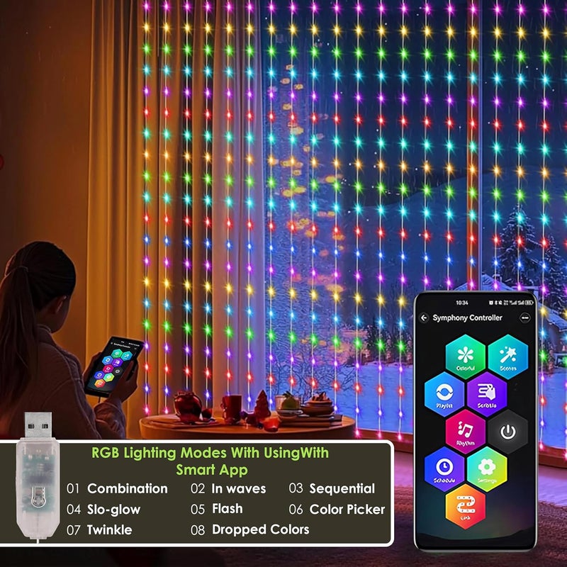 Gesto أضواء ستارة ذكية RGB USB 5V – 300 مصباح LED مقاوم للماء مع 16 مليون لون، مزامنة موسيقية، تحكم عبر التطبيق | أضواء زخرفية للشرفة، الحديقة وزينة ديوالي (10 × 10 قدم) - Image 2