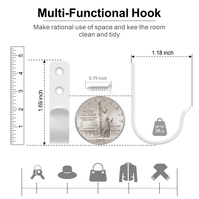 PRIGVOT 15-Pack White Metal Wall Hooks, Heavy Duty Screw-in Coat Hooks Wall Mounted for Hanging Towel, Clothing, Robe, Single Hooks for Bathroom, Entryway, Garage Organization - Image 2