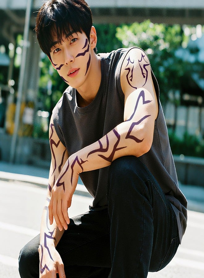 playneeu 3 Sheets Purple Temporary Tattoos, Waterproof Cosplay Tattoos Stickers Cosplay Costume Accessories for Halloween Cosplay Party - Image 3