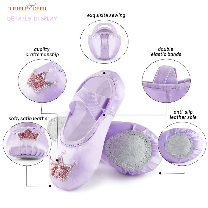 TRIPLE DEER Ballet Shoes for Girls, Satin Dance Practice Slippers Split Soft Leather Flat Sole Yoga Gymnastics Shoes (Toddler/Little/Big Kid) Purple - Image 2