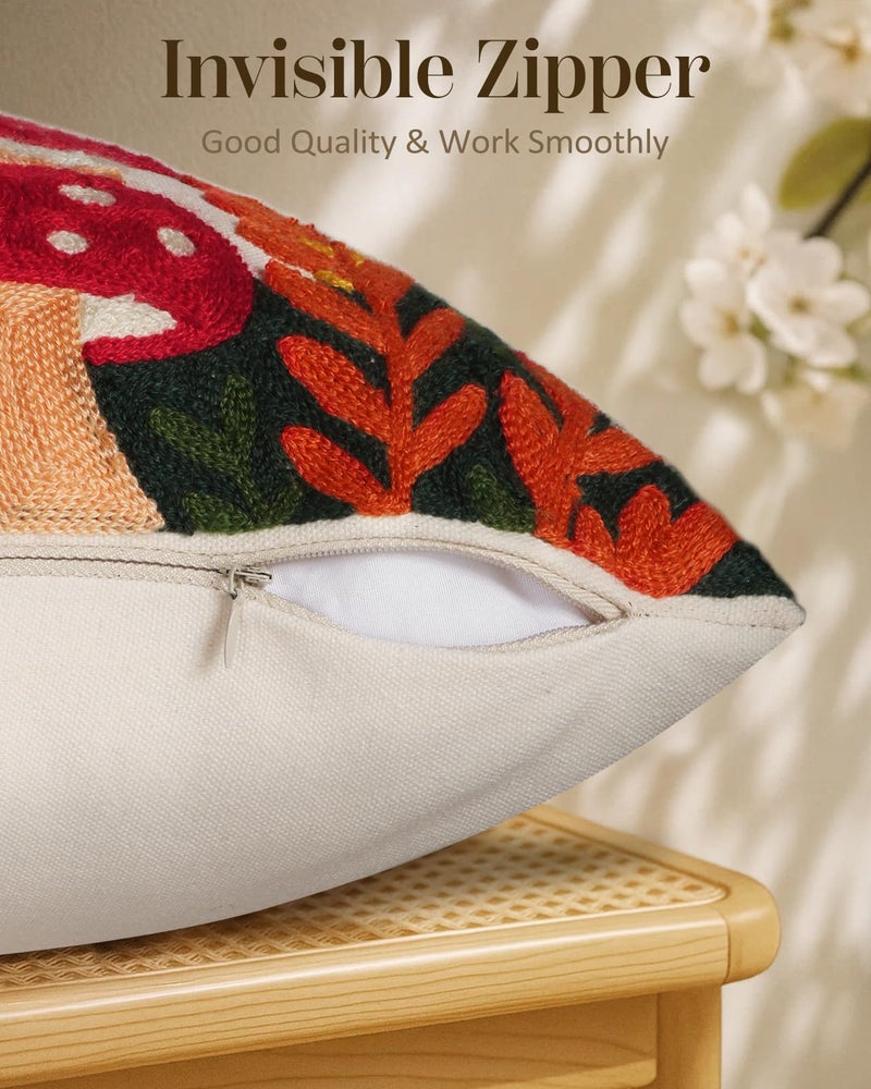Kokaaee Embroidered Throw Pillow Cover 18x18 Inch - Spring Summer Boho Decorative Pillow Cover with Zipper for Living Room Couch Sofa Bed Aesthetic Design Mushroom Moon Cushion Pillowcase - Image 3