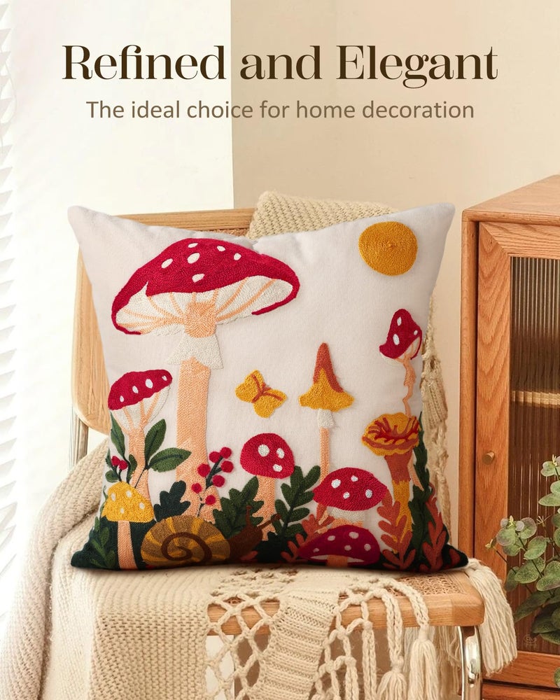Kokaaee Embroidered Throw Pillow Cover 18x18 Inch - Spring Summer Boho Decorative Pillow Cover with Zipper for Living Room Couch Sofa Bed Aesthetic Design Mushroom Moon Cushion Pillowcase - Image 5