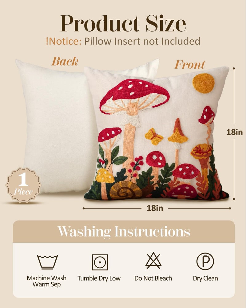 Kokaaee Embroidered Throw Pillow Cover 18x18 Inch - Spring Summer Boho Decorative Pillow Cover with Zipper for Living Room Couch Sofa Bed Aesthetic Design Mushroom Moon Cushion Pillowcase - Image 4