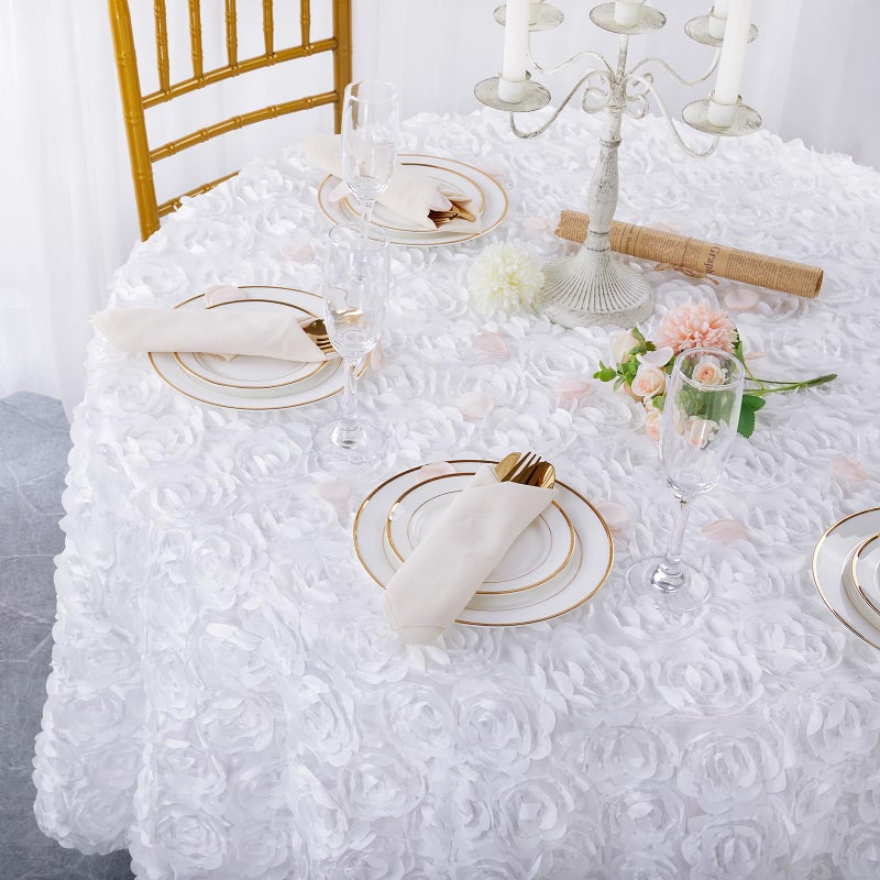 QueenDream Round White Wedding Rosette Tablecloth 60 Inch for Sweetheart Table Baby Shower Parties Dining Table Decoration - Image 1