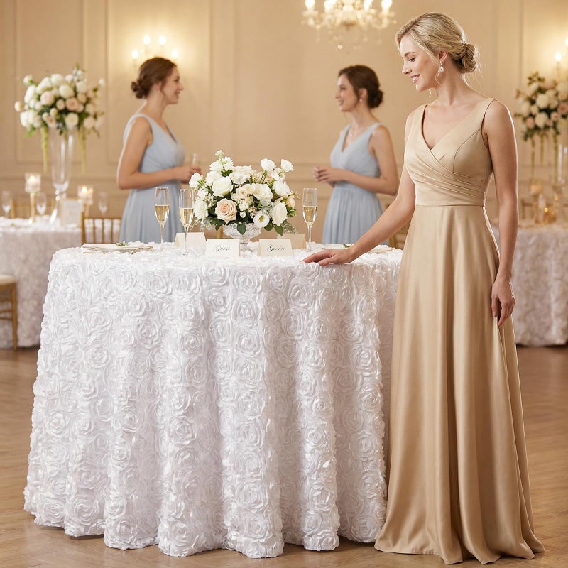 QueenDream Round White Wedding Rosette Tablecloth 60 Inch for Sweetheart Table Baby Shower Parties Dining Table Decoration - Image 2