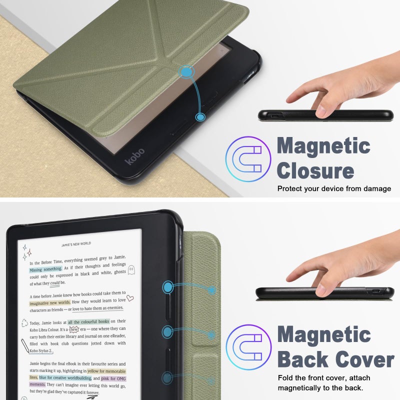 Caweet Case for Kobo Libra Colour 7 Inch 2024 Release, Premium PU Leather Origami Stand Protective Sleeve Cover with Auto Wake/Sleep Feature, Green - Image 5