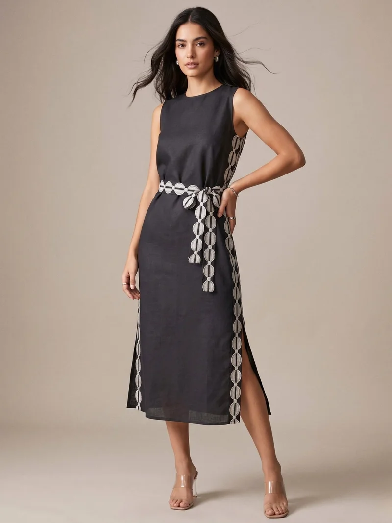Grey Midi Length Dress With Contrast Details
