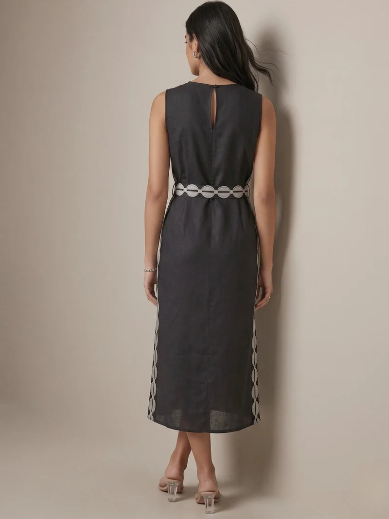 Outzidr  Grey Midi Length Dress With Contrast Details for Women | Best Price UAE