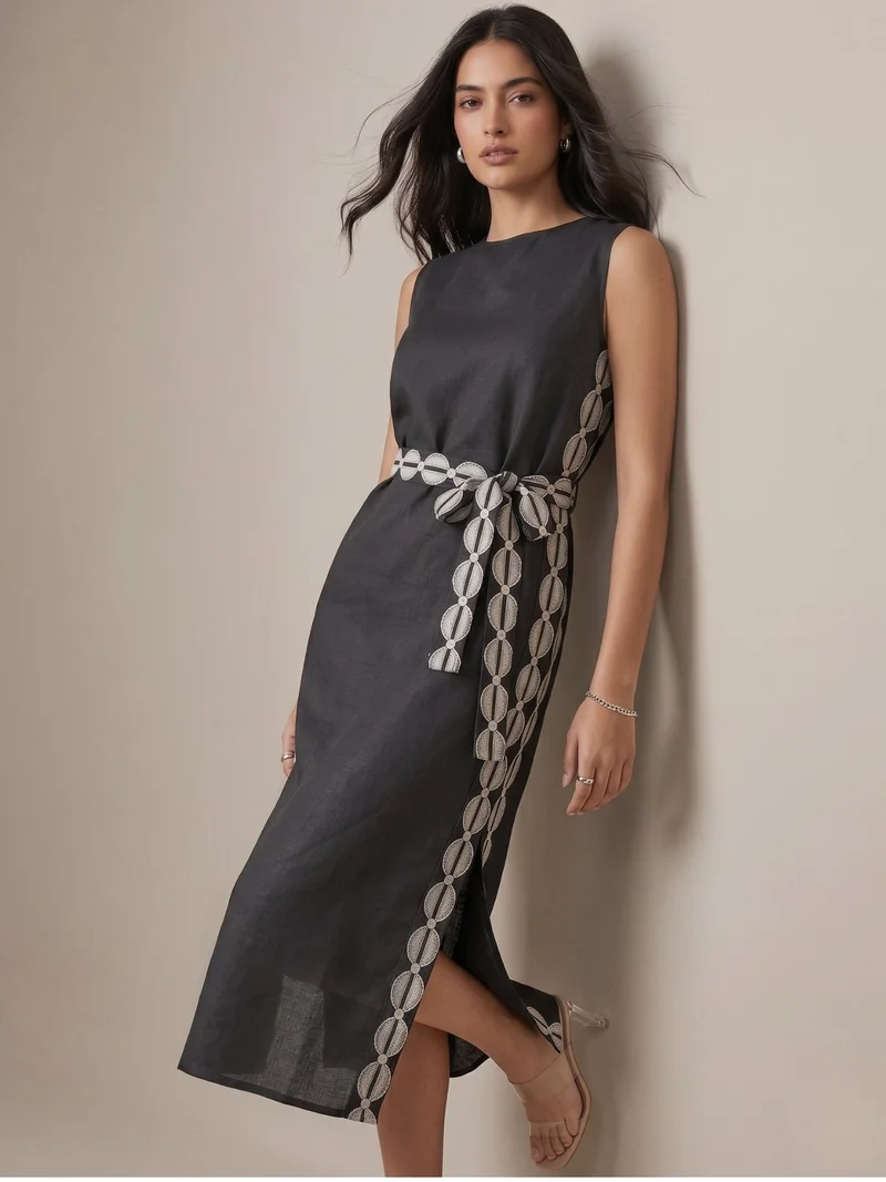 Outzidr  Grey Midi Length Dress With Contrast Details for Women | Best Price UAE