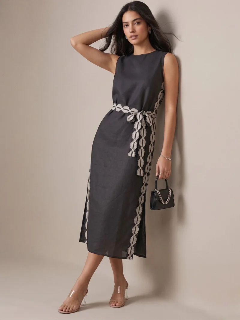 Outzidr  Grey Midi Length Dress With Contrast Details for Women | Best Price UAE