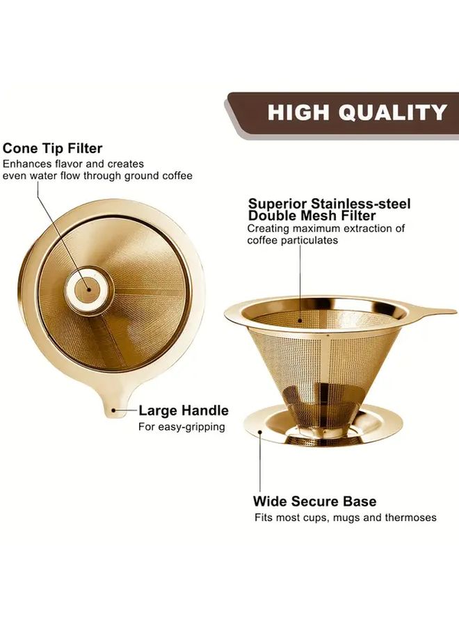 Golden Stainless Steel Pour Over Coffee Dripper Reusable Double Mesh Filter - Image 4
