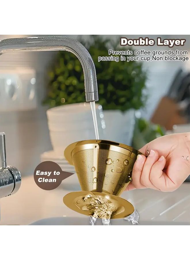 Golden Stainless Steel Pour Over Coffee Dripper Reusable Double Mesh Filter - Image 5