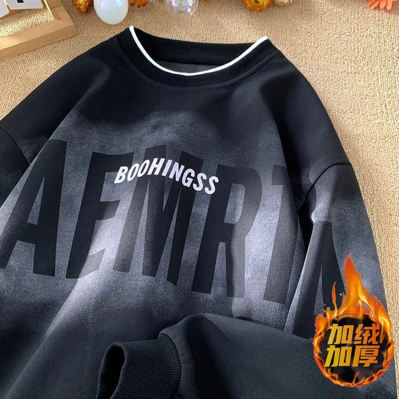 American Fake Two-Piece Sweatshirt Men'S High Street Hip-Hop Round Neck Top Loose Large Size Velvet Long-Sleeved Shirt - Image 4