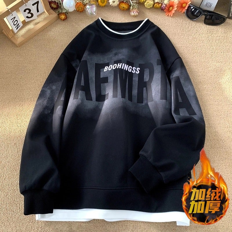 American Fake Two-Piece Sweatshirt Men'S High Street Hip-Hop Round Neck Top Loose Large Size Velvet Long-Sleeved Shirt - Image 1