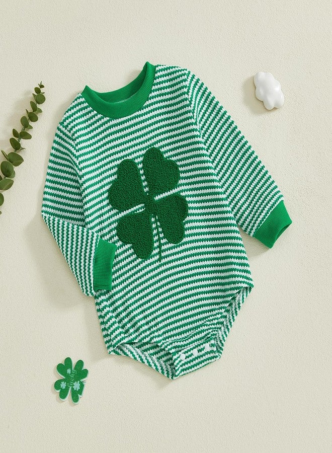 DNOMAID YZARC Newborn Baby Boy St Patricks Day Outfit Clover Embroidery Sweatshirt Romper Striped Waffle Long Sleeve Jumpsuit (Green, 6-12 Months) - Image 5