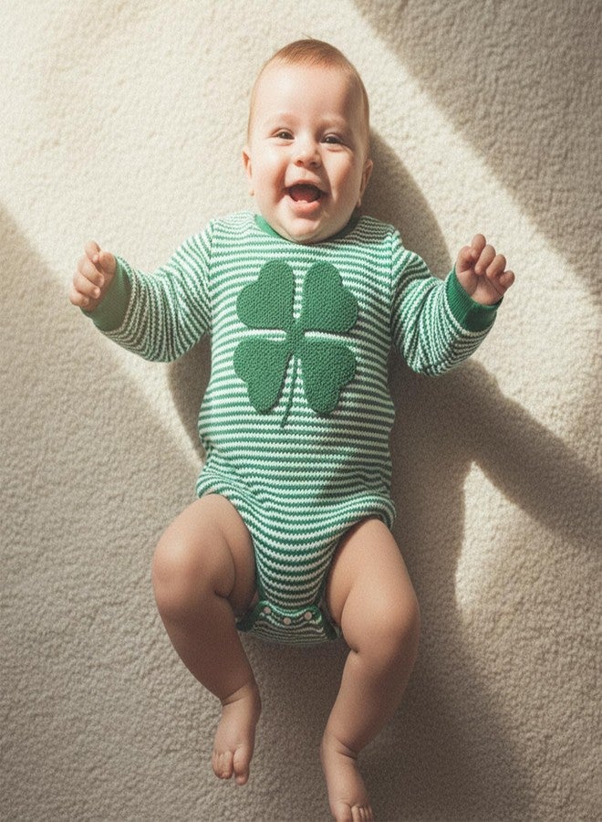 DNOMAID YZARC Newborn Baby Boy St Patricks Day Outfit Clover Embroidery Sweatshirt Romper Striped Waffle Long Sleeve Jumpsuit (Green, 6-12 Months) - Image 3
