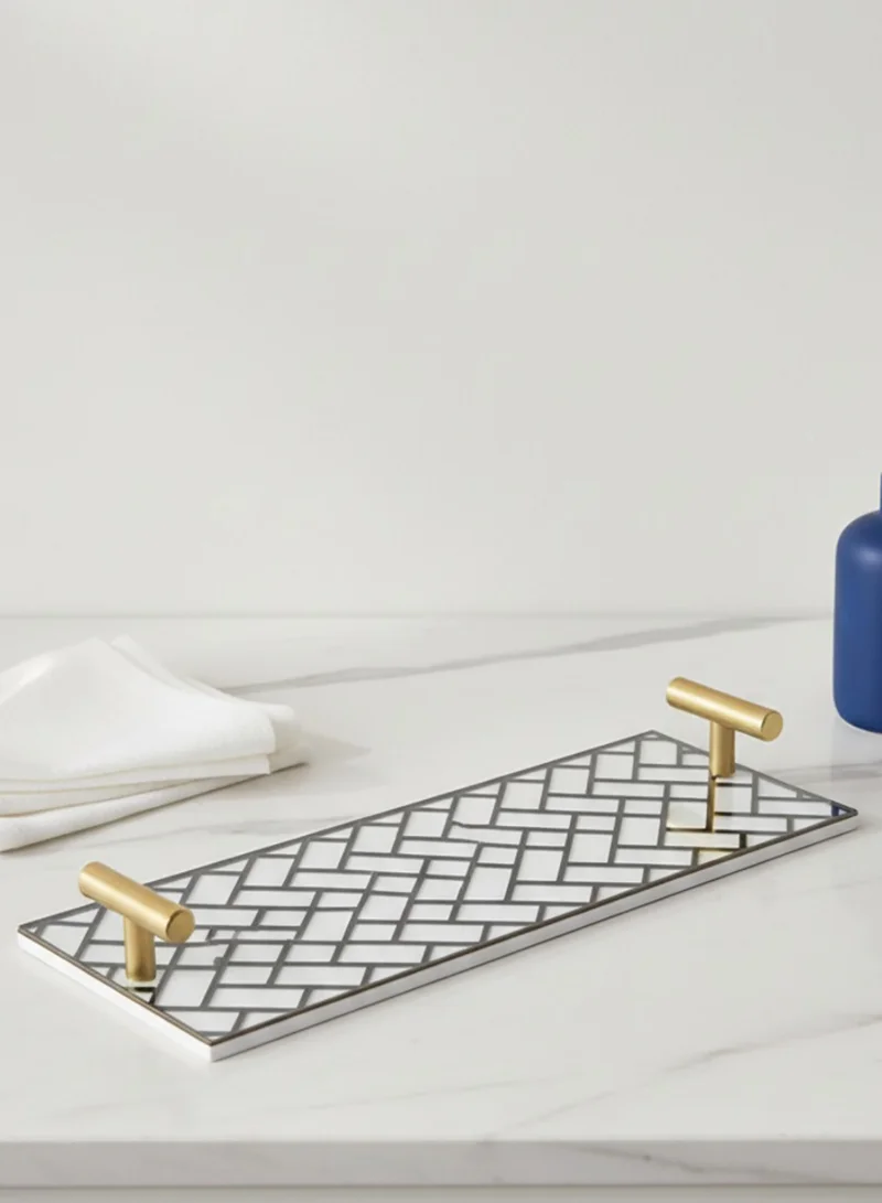 LOWHA Acrylic Serving Tray with Gold Metal Handles and Decorative Design