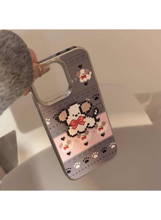 NIBEMINENT Gray Powder Pixel Cat Stickers Protective TPU Case Cover For iPhone 16 Pro Max, Silver Plating