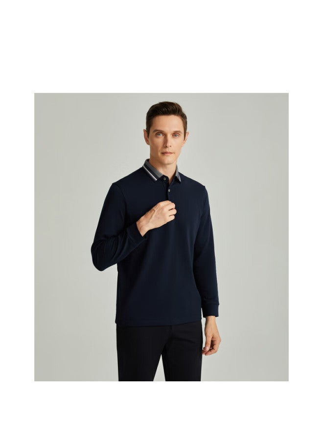 Satchi Men'S Long Sleeve T-Shirt Paul Shirt Men'S Business Casual Thermal Color-Blocked Fleece Absorbent Heat Constant Temperature Turn-Down Collar Deep Blue 52 - Image 2