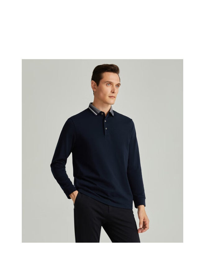 Satchi Men'S Long Sleeve T-Shirt Paul Shirt Men'S Business Casual Thermal Color-Blocked Fleece Absorbent Heat Constant Temperature Turn-Down Collar Deep Blue 52 - Image 1
