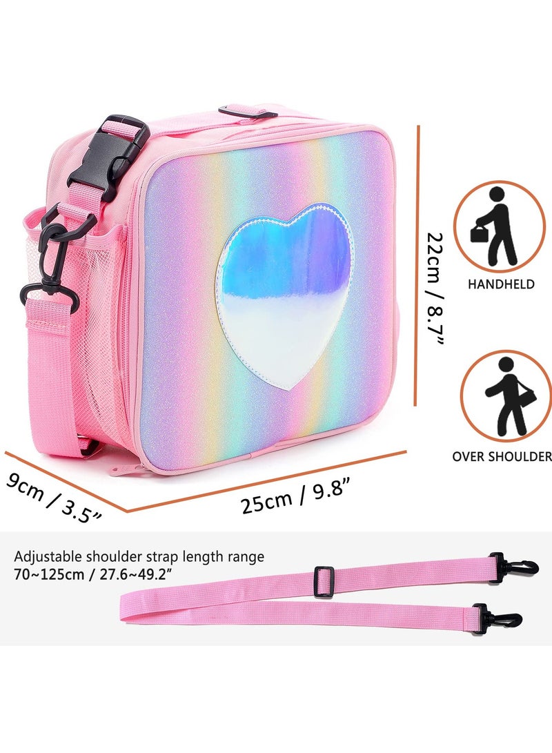 Children'S Lunch Box, Rainbow Laser Tote Leakproof Insulated Lunch Bag Reusable Insulated Bento Bag Picnic Ice Bag Girls (Pink)  - Image 3