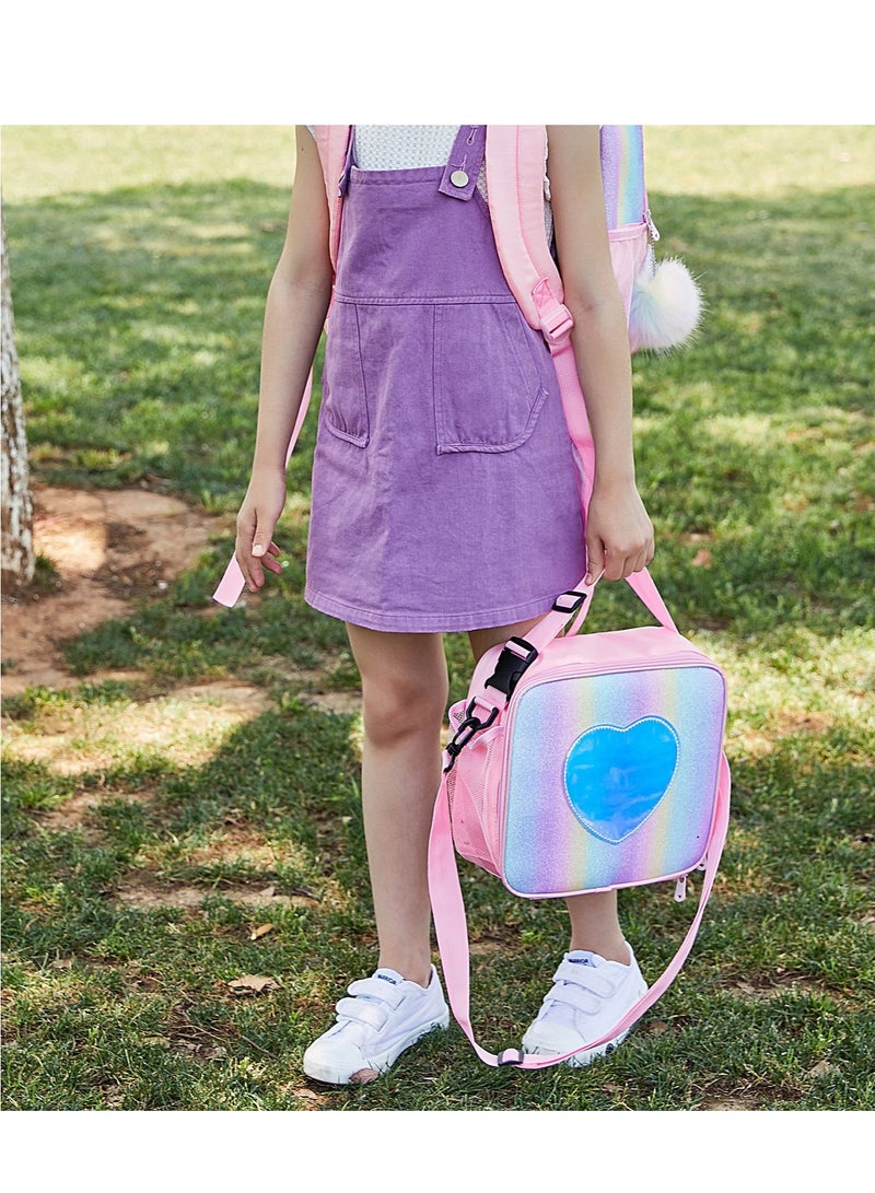 Children'S Lunch Box, Rainbow Laser Tote Leakproof Insulated Lunch Bag Reusable Insulated Bento Bag Picnic Ice Bag Girls (Pink)  - Image 2
