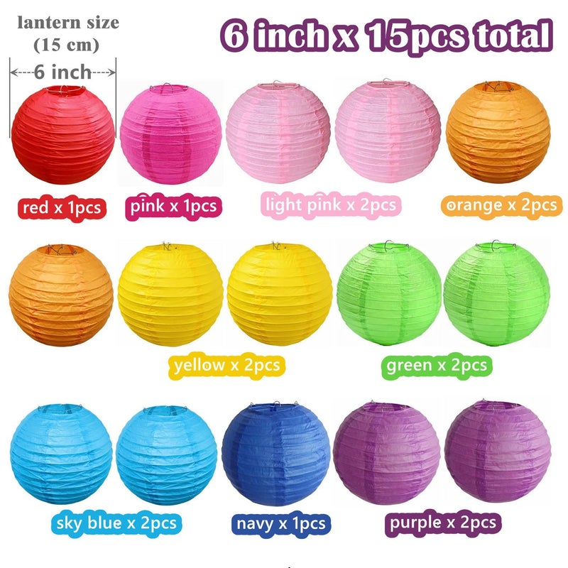 Jayke Joy 15pcs Colorful Paper Lanterns Multicolor Hanging Ball Lanterns for Birthday Wedding Bridal Baby Shower Home Office Classroom Outdoor Indoor Party Decoration (6 inch) - Image 2