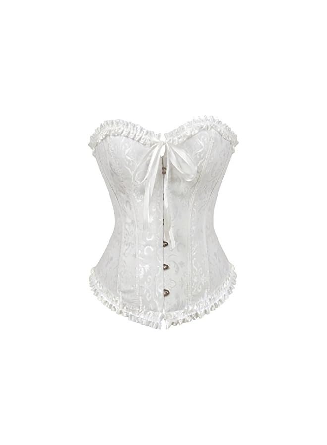 Women's Floral Pleated Trim Overbust Waist Cincher Corset Top White - Image 1