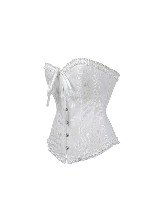 Women's Floral Pleated Trim Overbust Waist Cincher Corset Top White - Image 2