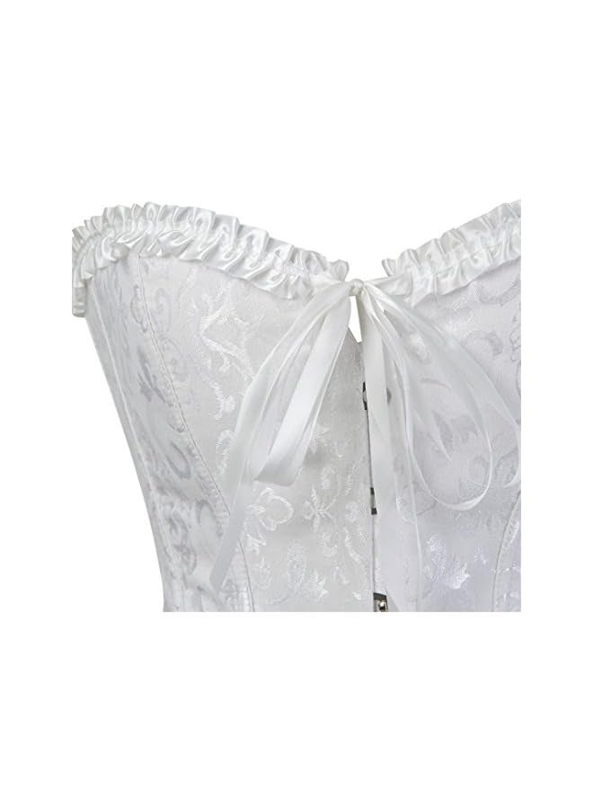 Women's Floral Pleated Trim Overbust Waist Cincher Corset Top White - Image 4