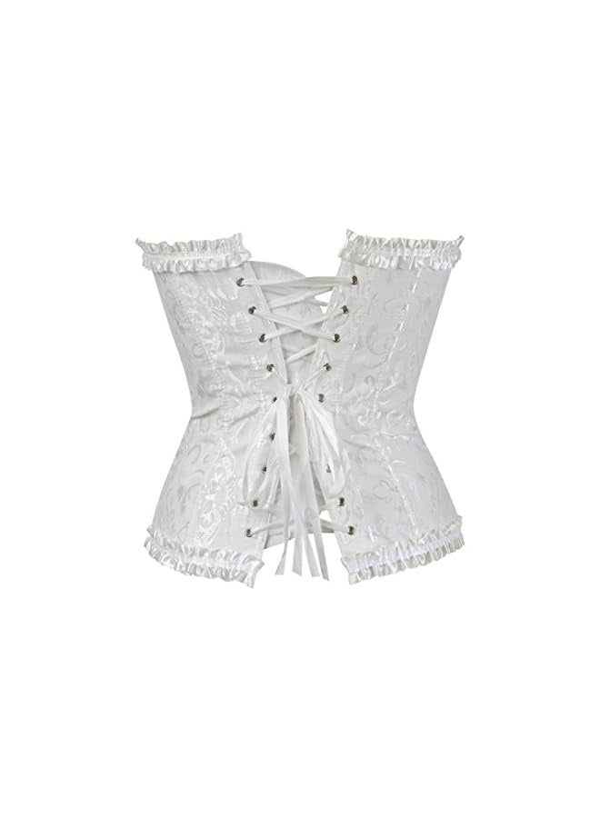 Women's Floral Pleated Trim Overbust Waist Cincher Corset Top White - Image 3