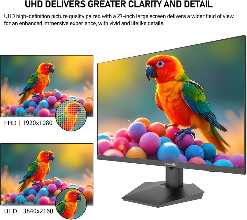 Gawfolk شاشة Gawfolk IPS مقاس 27 بوصة 4K 60 هرتز شاشة كمبيوتر UHD (3840 �� 2160 بكسل) 300 شمعة/م² 85% NTSC إضاءة خلفية RGB مكبر صوت مدمج مناسبة للترفيه والعمل المكتبي وإنتاج الفيديو والصور - Image 2