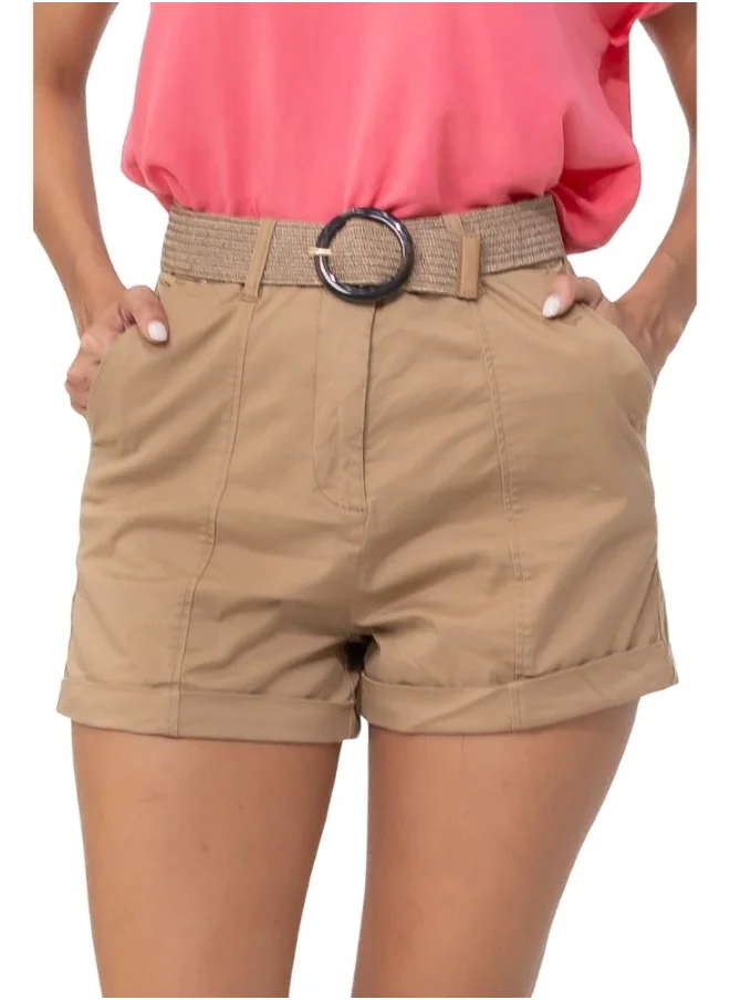 ZABAIONE Khaki High-Waisted Shorts with Belt - Casual Rolled Hem Summer Shorts