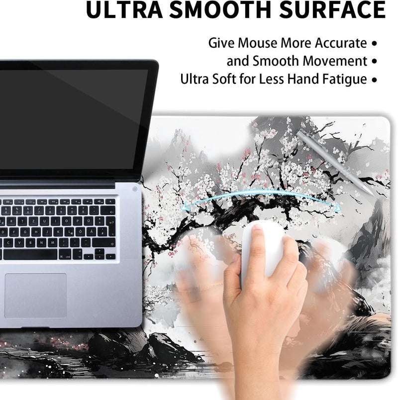 aportt Black Whtie Japanese Gaming Mouse Pad XXL Anime Sakura Cherry Blossom Tree Extended Large Mat Mousepad Desk Pad Non-Slip Rubber Base Stitched Edge Keyboard Pad Playmat for Computer,35.4×15.7 Inch - Image 4