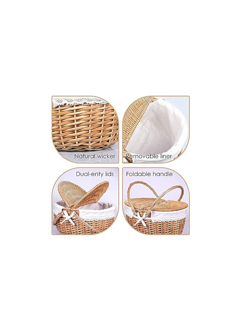 Green Tiger Picnic Baskets Oval Double Lidded Fruit Basket Hand Woven Wicker Basket Storage Container with Lining and Handle for Holiday Camping Home Decor - Image 5