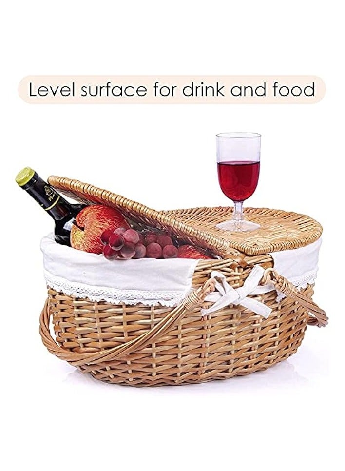 Green Tiger Picnic Baskets Oval Double Lidded Fruit Basket Hand Woven Wicker Basket Storage Container with Lining and Handle for Holiday Camping Home Decor - Image 4