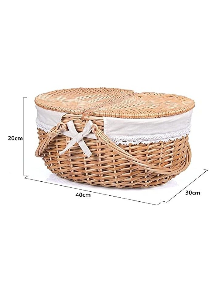 Green Tiger Picnic Baskets Oval Double Lidded Fruit Basket Hand Woven Wicker Basket Storage Container with Lining and Handle for Holiday Camping Home Decor - Image 3